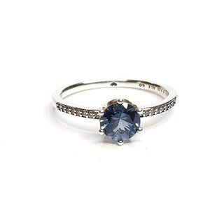 Pandora Blue Sparkling Crown Solitaire Ring Sz 9 Sterling Silver
